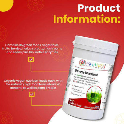 White 300g tub of Universe Unleashed organic superfood powder with red and white branding on a red background.