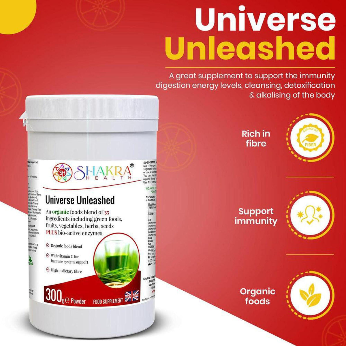 White plastic tub of Universe Unleashed organic superfood powder on a red background with health benefit icons.