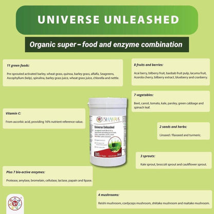 Universe Unleashed white supplement tub surrounded by an infographic detailing organic superfood ingredients.