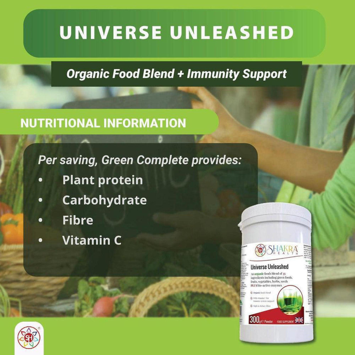 Universe Unleashed organic superfood powder tub on a green background with nutritional information text overlay.