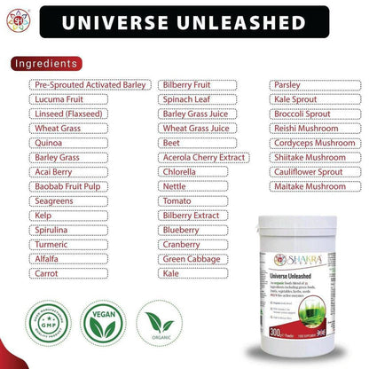 Universe Unleashed supplement jar next to a detailed list of 35 organic superfood ingredients and certification icons.