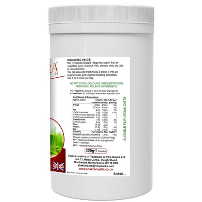 White plastic tub of Universe Unleashed superfood powder showing nutritional information and usage instructions.