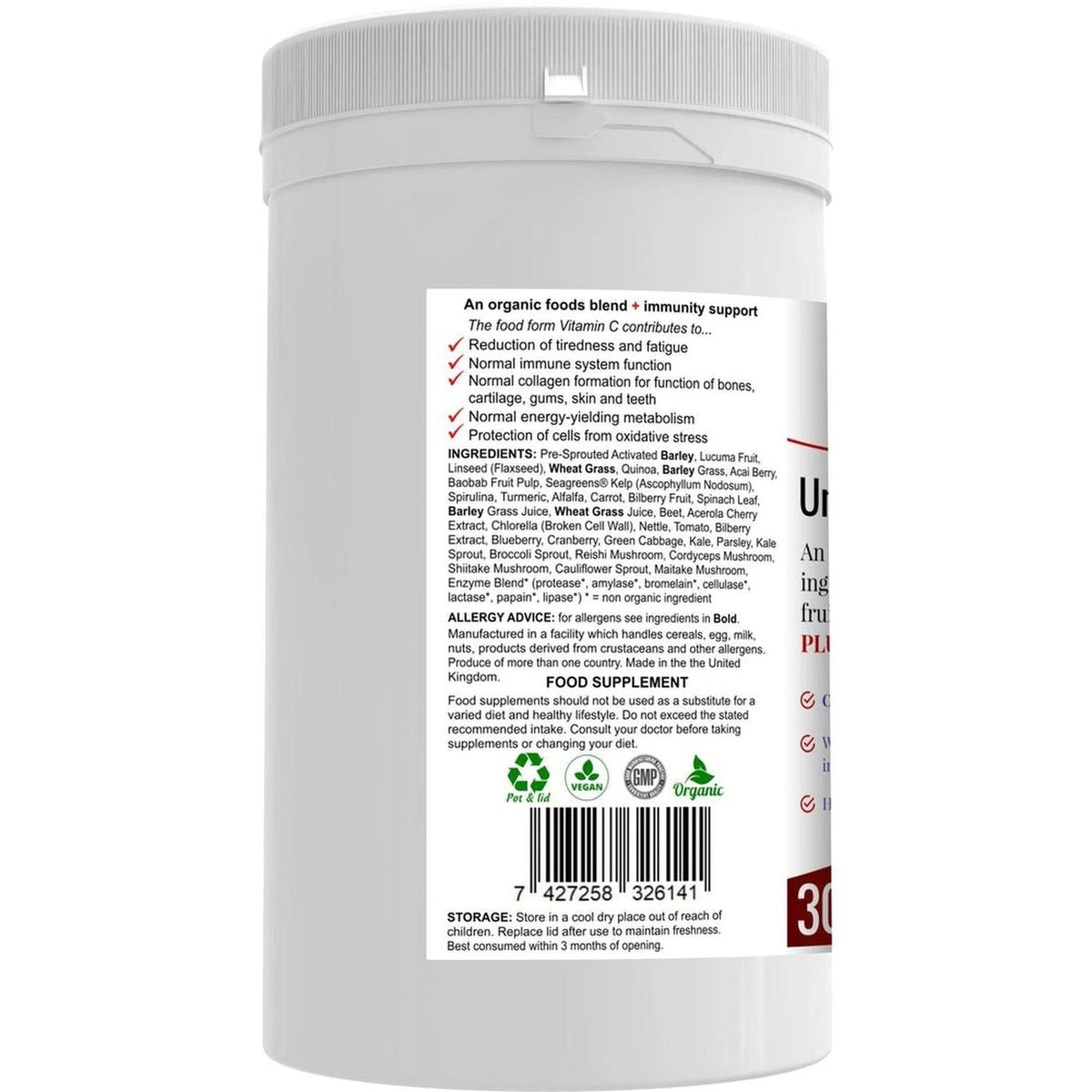 White plastic tub of Universe Unleashed superfood powder with a detailed ingredients label and organic certification icons.