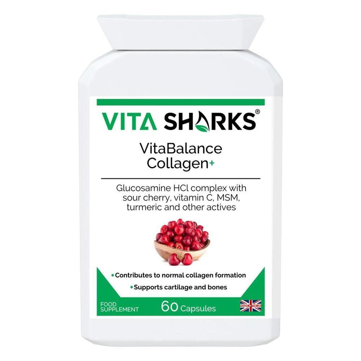 White bottle of VitaBalance Collagen+ capsules with a cherry graphic and green label detailing ingredients and benefits.