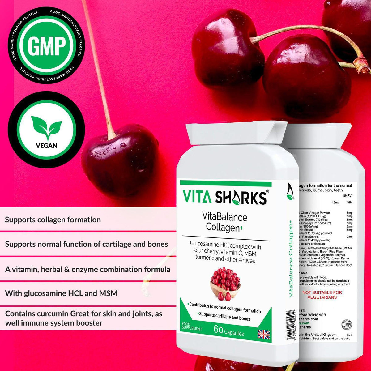 VitaBalance Collagen+ supplement bottle on a vibrant pink background with fresh cherries and GMP and vegan icons.