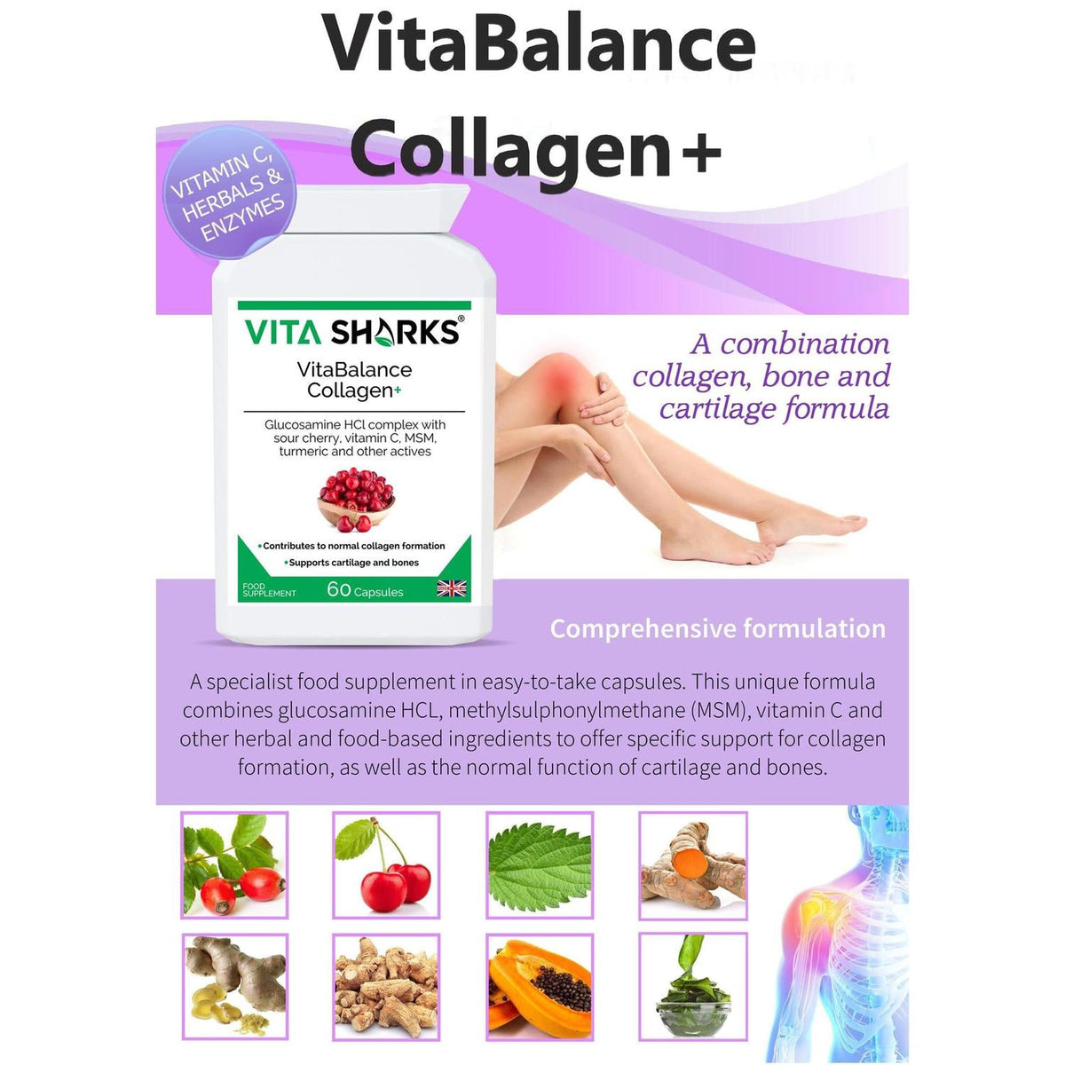 VitaBalance Collagen+ supplement bottle with herbal ingredients and a diagram showing joint and cartilage support.
