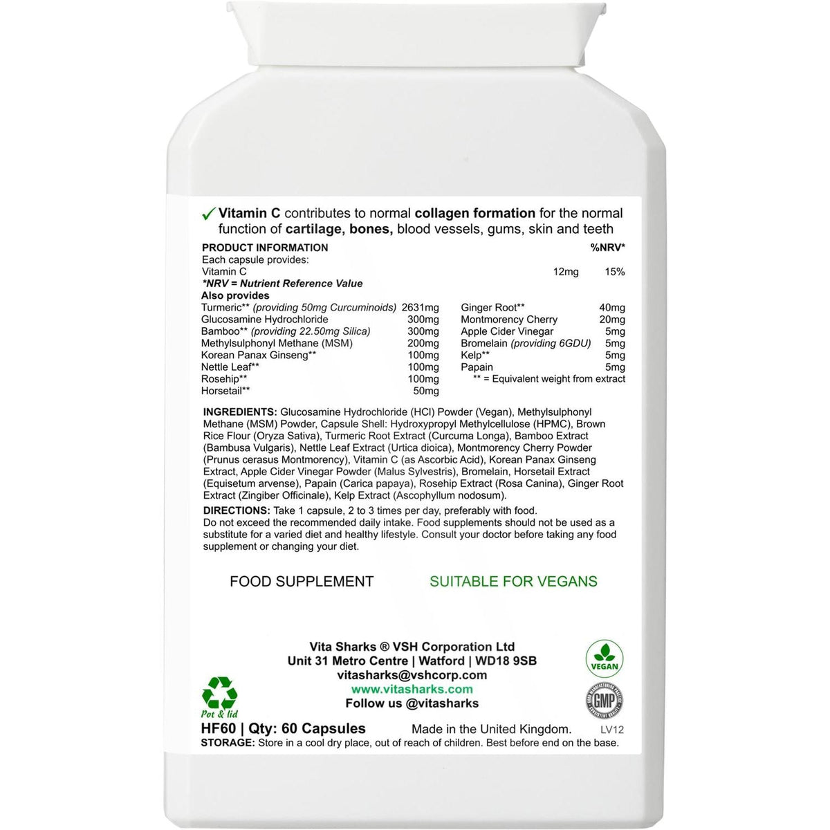 White VitaBalance Collagen+ supplement bottle back label showing ingredients, dosage, and vegan certification icons.