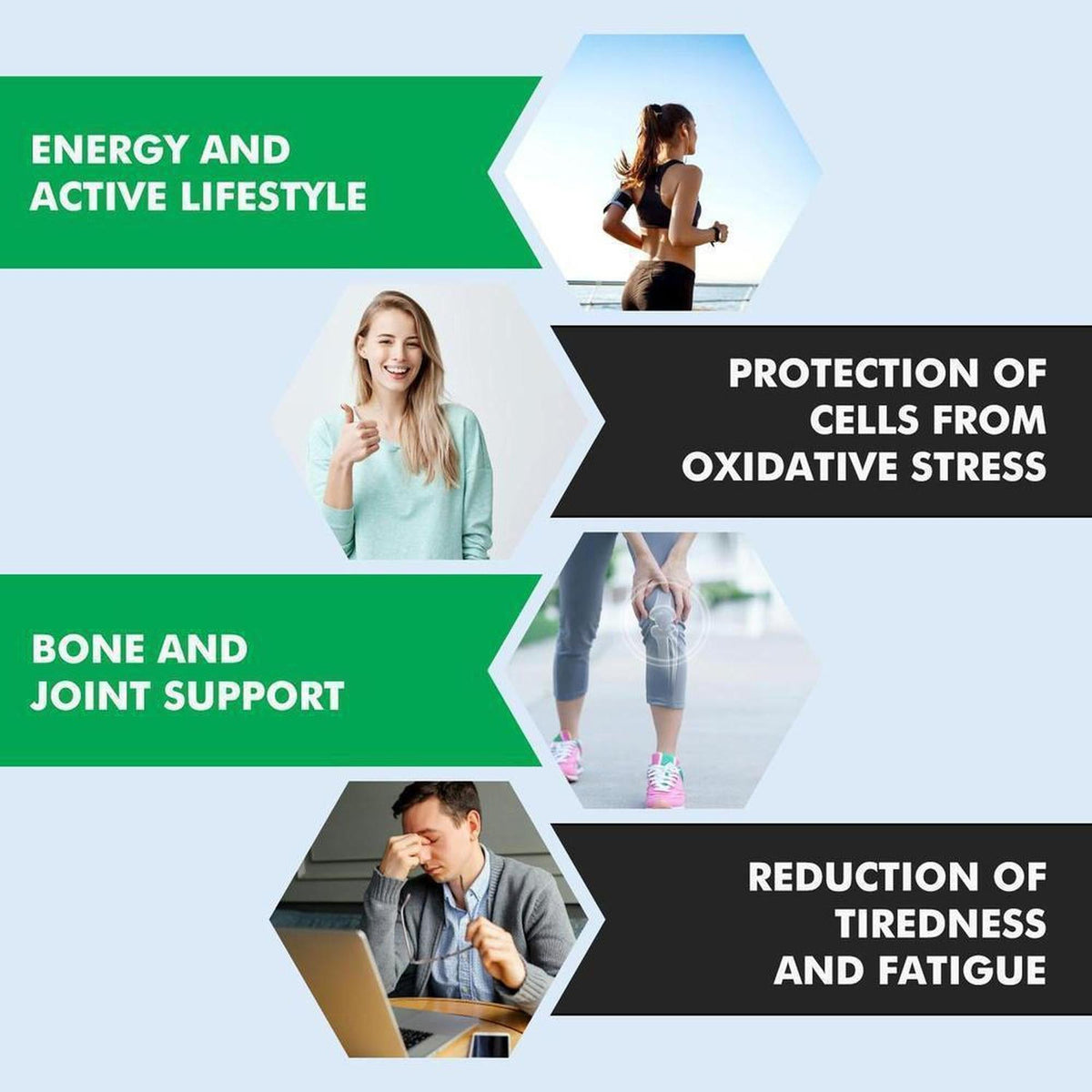 Infographic showing VitaBalance Collagen benefits with green and black geometric panels and active lifestyle imagery.