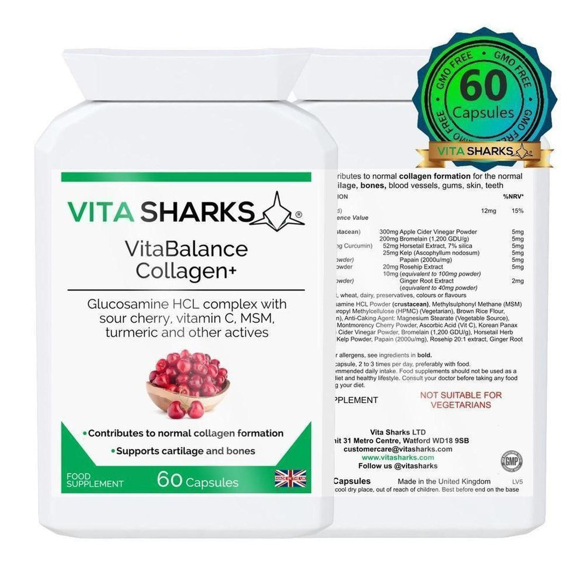 White VitaBalance Collagen+ supplement bottle with green label, featuring text, ingredient list, and a bowl of cherries.