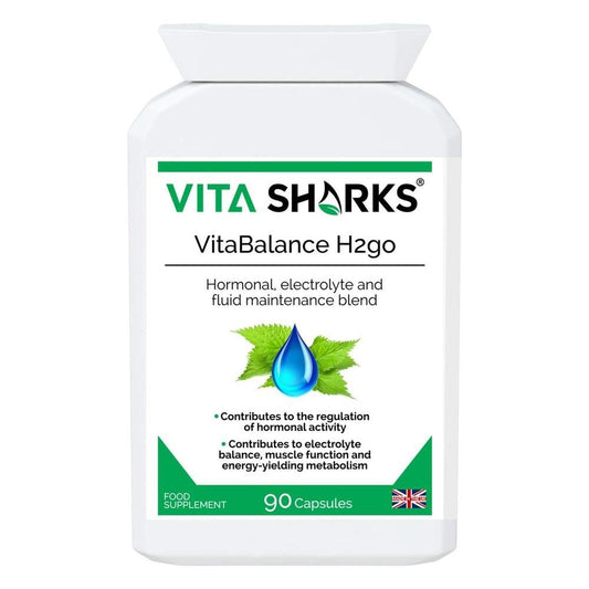 White bottle of VitaBalance H2go 90 capsules with green branding, a water drop icon, and leaf illustrations.