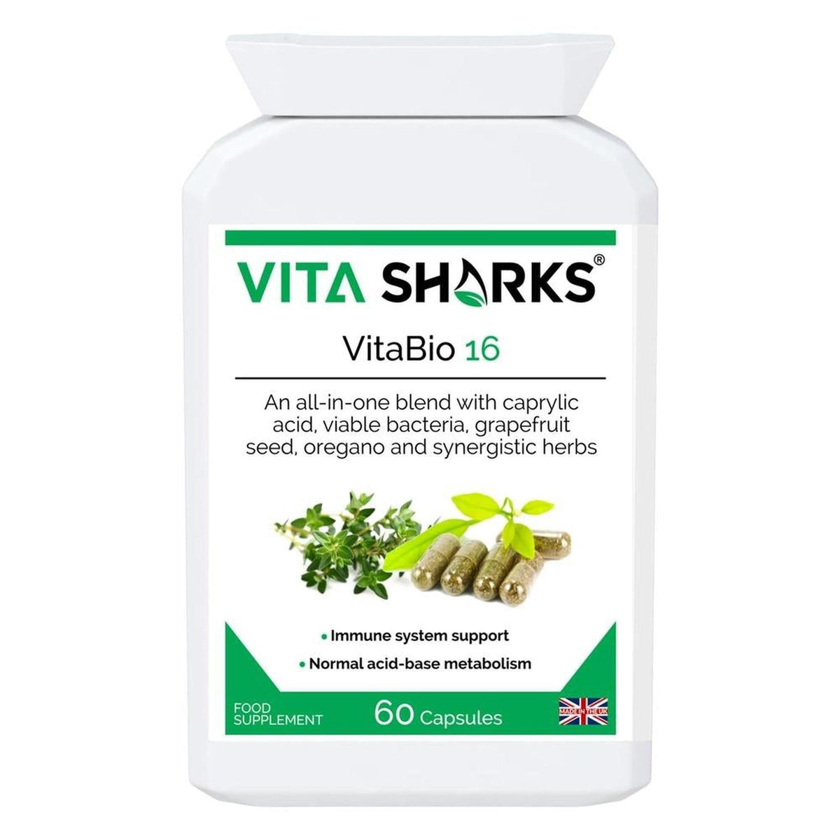 White bottle of VitaBio 16 supplement with green branding, herbal imagery, and 60 capsules label on a white background.