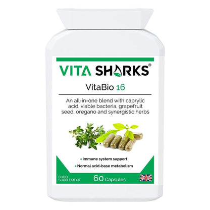 White bottle of VitaBio 16 supplement with green branding, herbal imagery, and 60 capsules label on a white background.