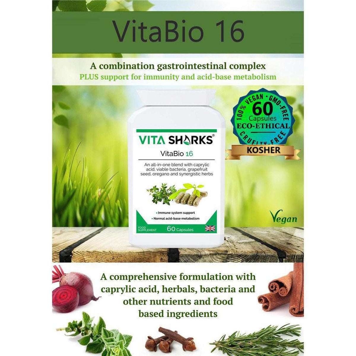 VitaBio 16 supplement bottle with 60 capsules, featuring herbal ingredients and a green vegan label on a wooden surface.