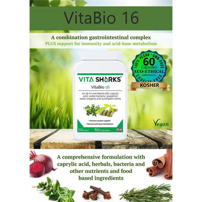 VitaBio 16 supplement bottle with 60 capsules, featuring herbal ingredients and a green vegan label on a wooden surface.