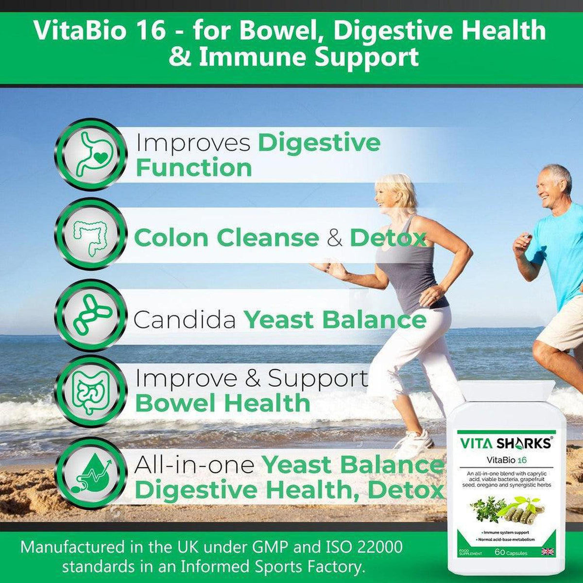 VitaBio 16 supplement bottle with icons highlighting digestive health, detox, and yeast balance benefits on a beach background.