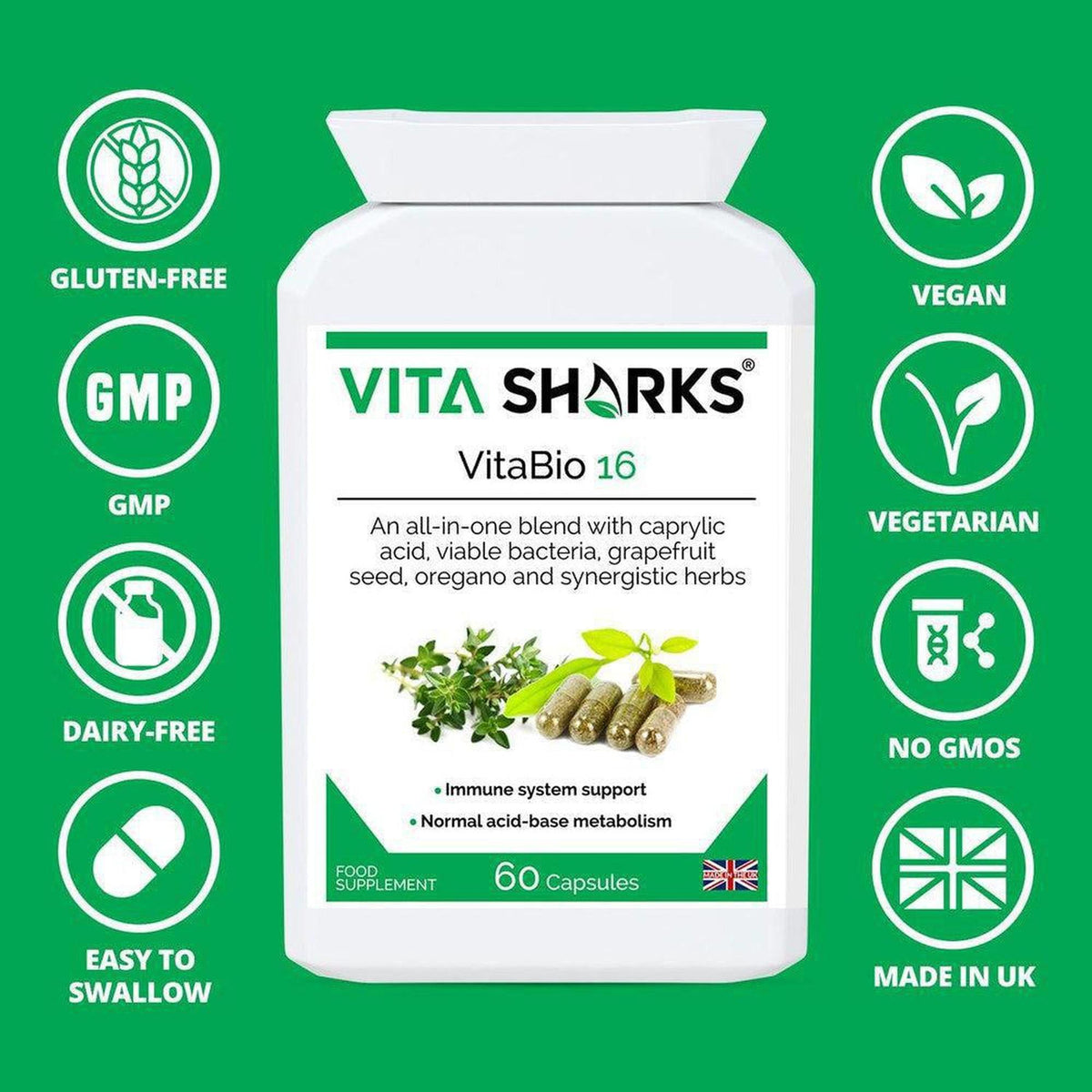VitaBio 16 supplement bottle on green background with icons for vegan, gluten-free, and non-GMO dietary certifications.