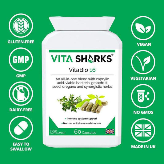 VitaBio 16 supplement bottle on green background with icons for vegan, gluten-free, and non-GMO dietary certifications.