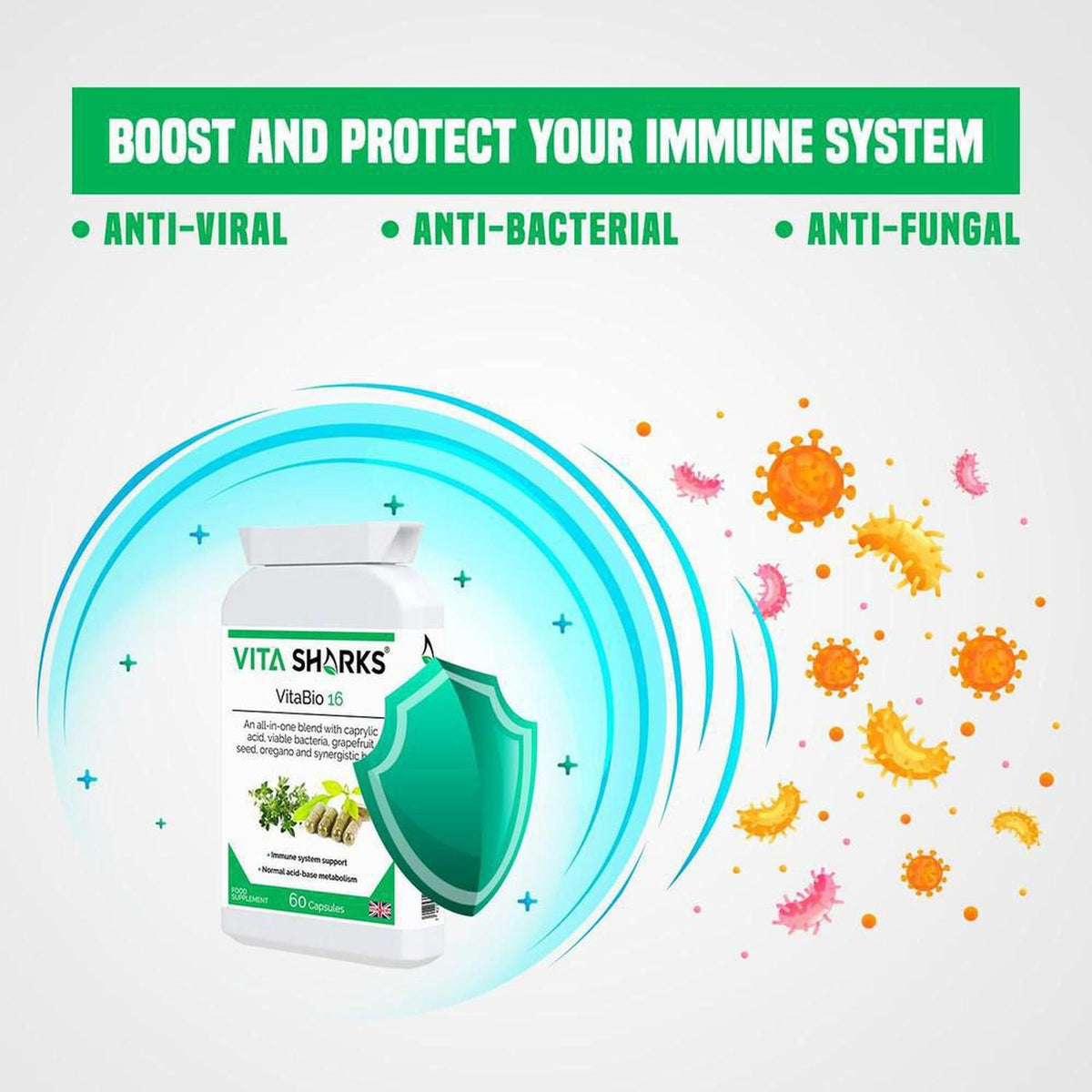 VitaBio 16 supplement bottle with a protective shield graphic, surrounded by immune support icons and colorful microbe illustrations.