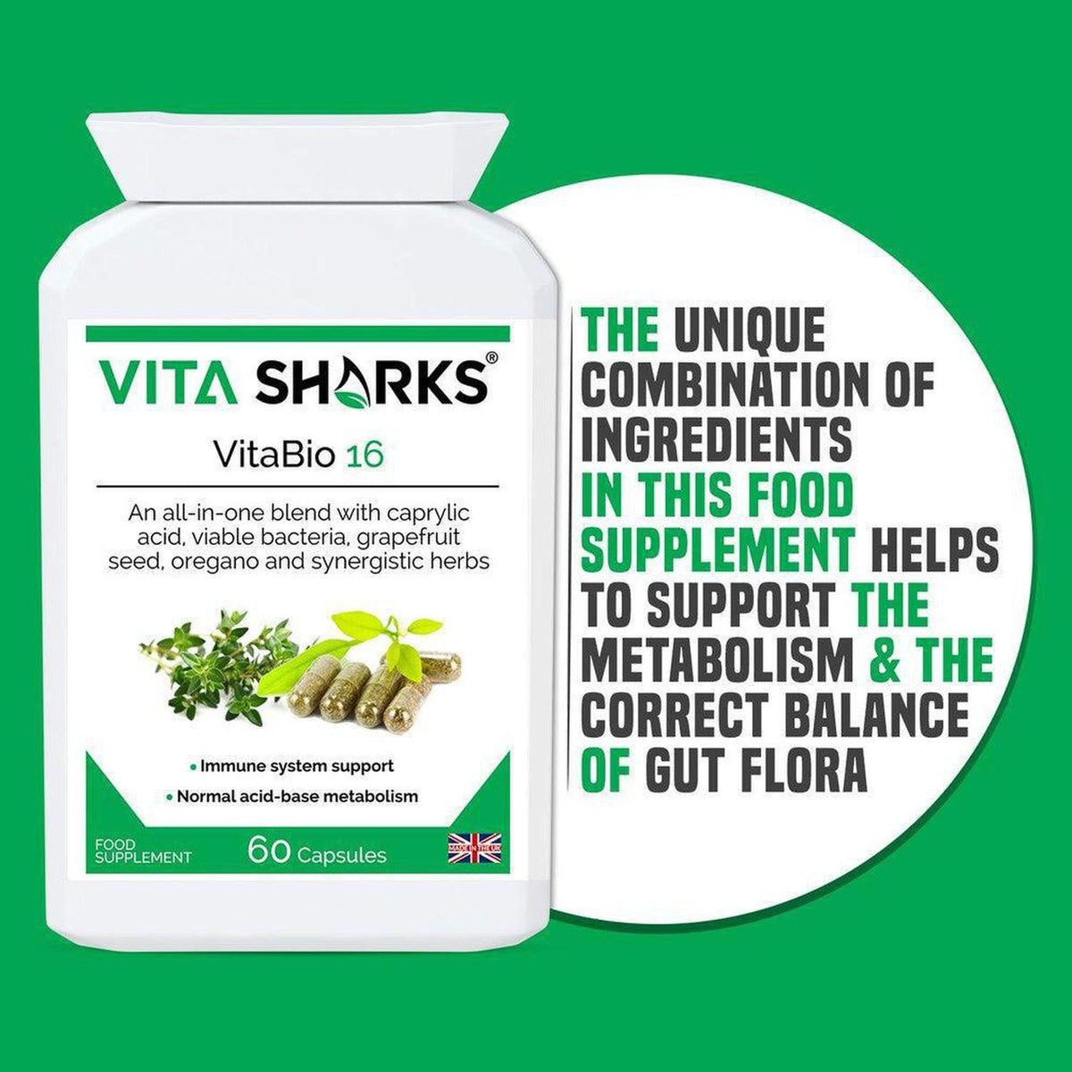 VitaBio 16 supplement bottle with white label, herbal illustrations, and 60 capsules text on a green background.