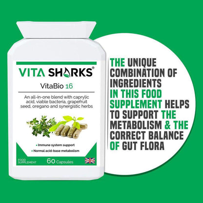 VitaBio 16 supplement bottle with white label, herbal illustrations, and 60 capsules text on a green background.