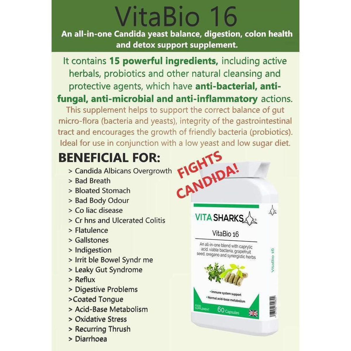 White VitaBio 16 supplement bottle with green label text and a list of digestive health benefits on a white background.