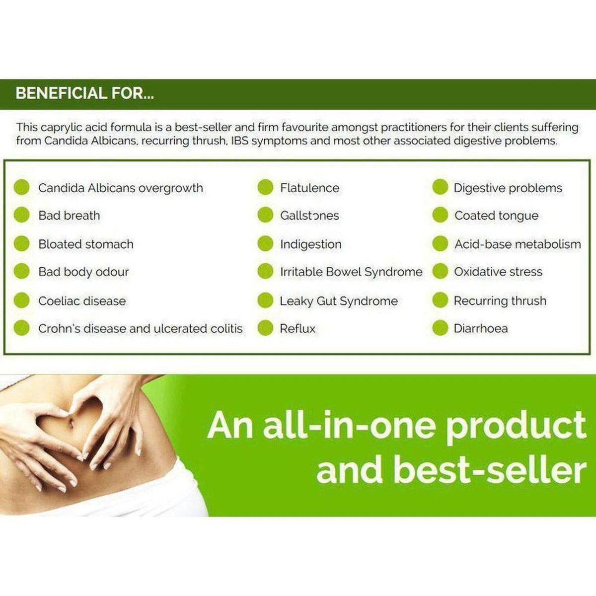 VitaBio 16 benefits list with green bullet points on a white background and a person holding their stomach in a heart shape.