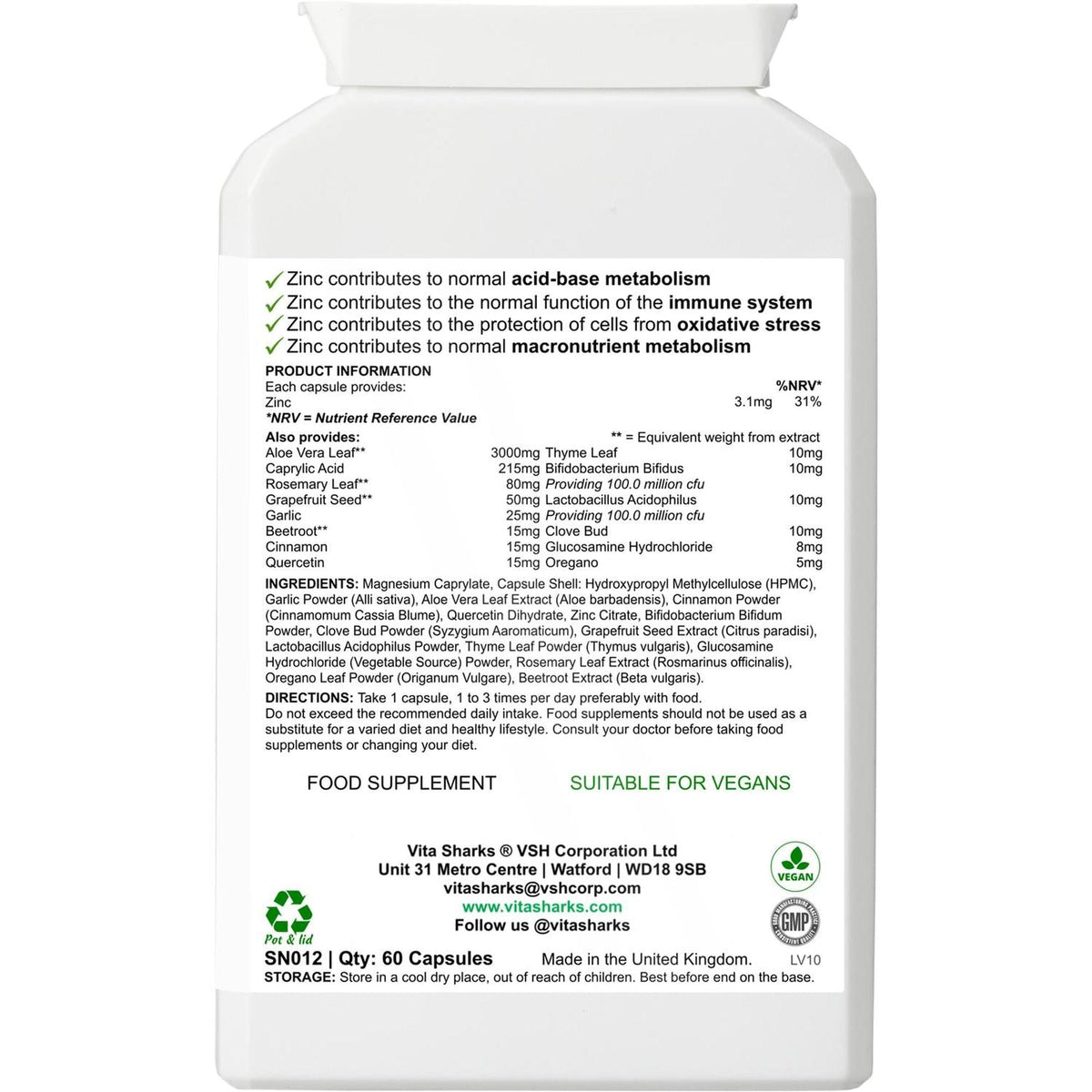 White plastic supplement bottle label listing ingredients, dosage, and nutritional information for VitaBio 16 capsules.