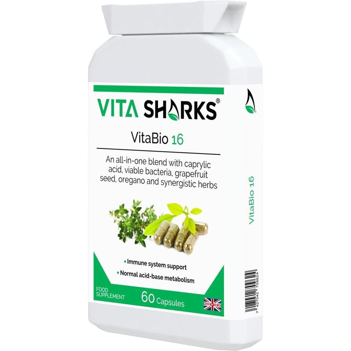 White plastic bottle of VitaBio 16 capsules with green branding, herbal imagery, and 60-capsule count label.