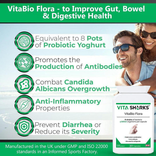 VitaBio Flora probiotic supplement bottle with a list of health benefits and a smiling man on a green background.