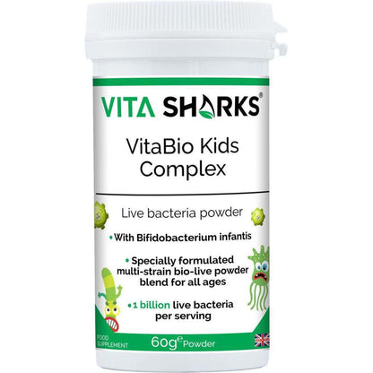 VitaBio Kids Complex 60g white plastic jar with green label, featuring cartoon bacteria and probiotic supplement text.