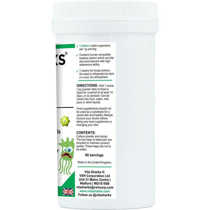 White plastic jar of VitaBio Kids Complex powder with a green cartoon microbe character and detailed supplement label.