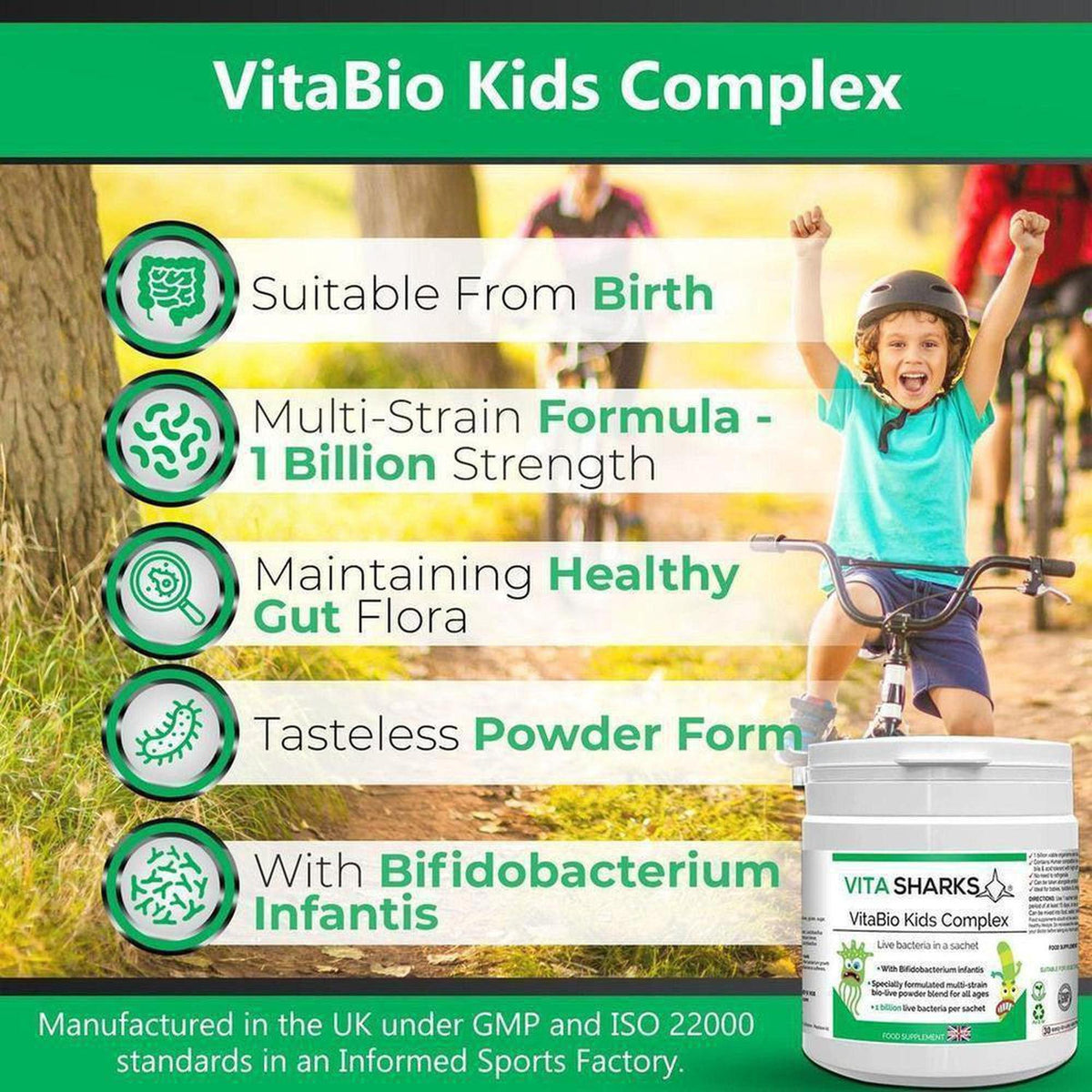 VitaBio Kids Complex probiotic powder jar with green and white label featuring benefits list and a happy cycling child.