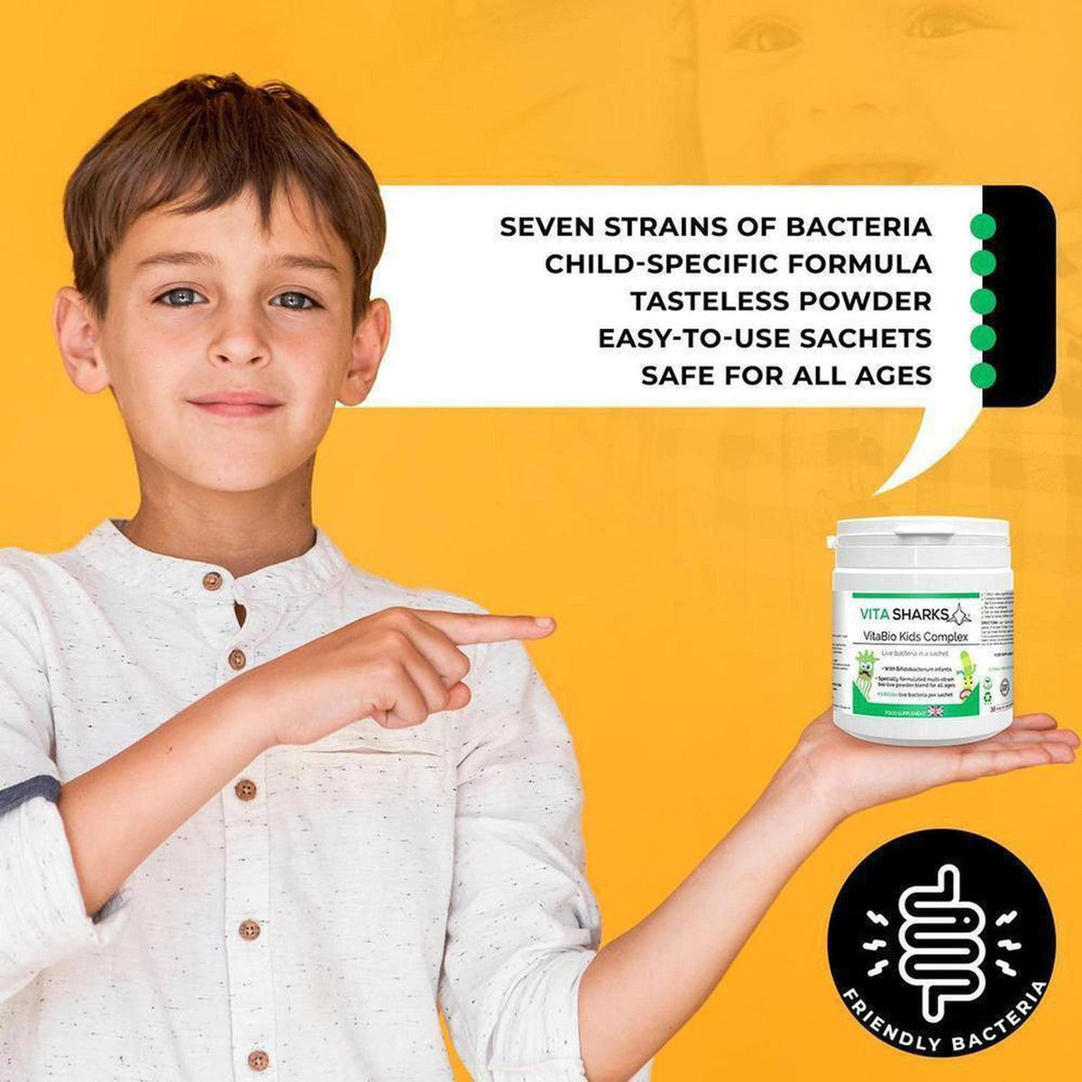 Young boy pointing at a white VitaBio Kids Complex supplement jar against a bright yellow background with text overlays.