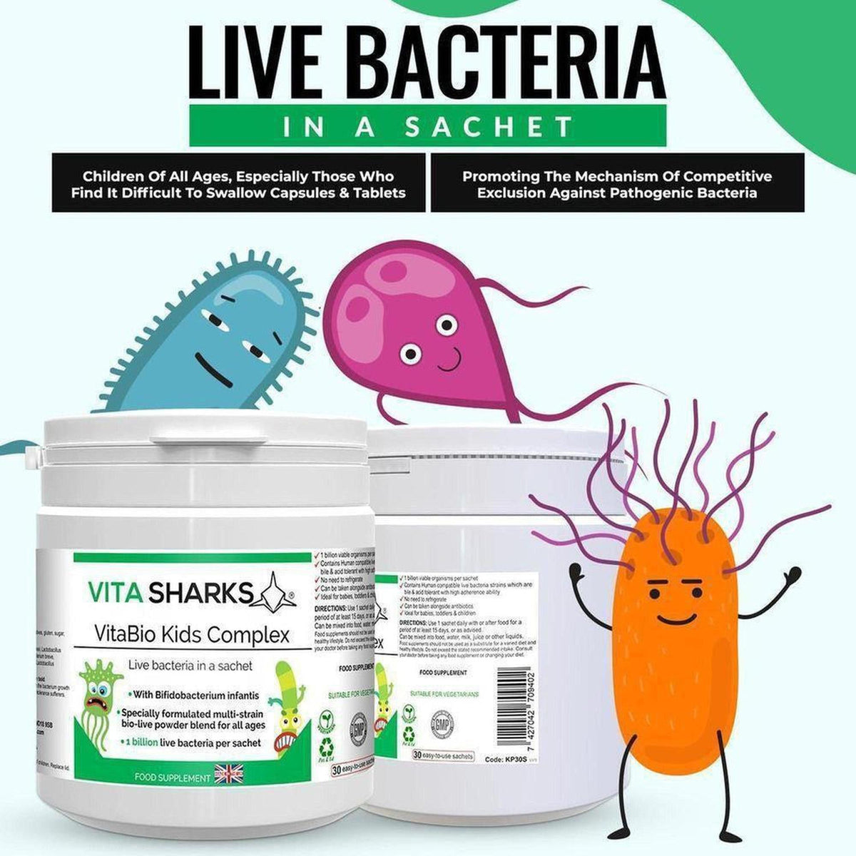VitaBio Kids Complex white supplement tub with cartoon bacteria characters and text about live bacteria in a sachet.