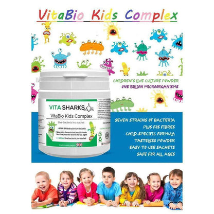 VitaBio Kids Complex probiotic powder tub with colorful monster illustrations and smiling children on a blue background.
