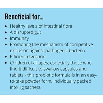 Light blue infographic card listing health benefits of VitaBio Kids Complex probiotic powder sachets.