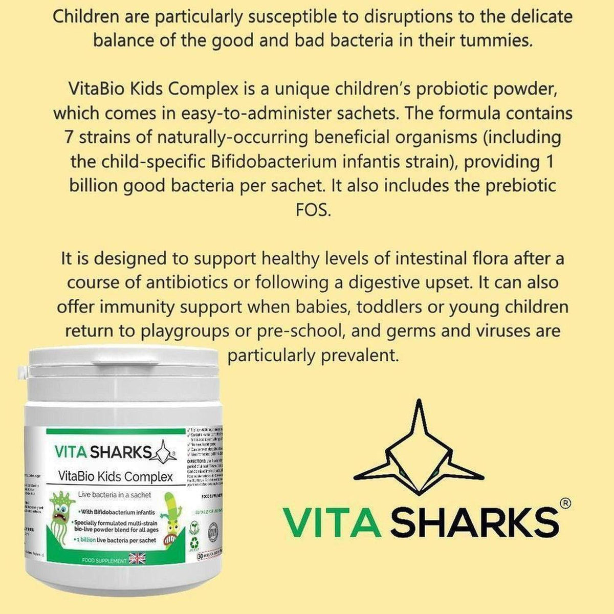 White plastic jar of VitaBio Kids Complex probiotic powder with green and blue label on a cream background.