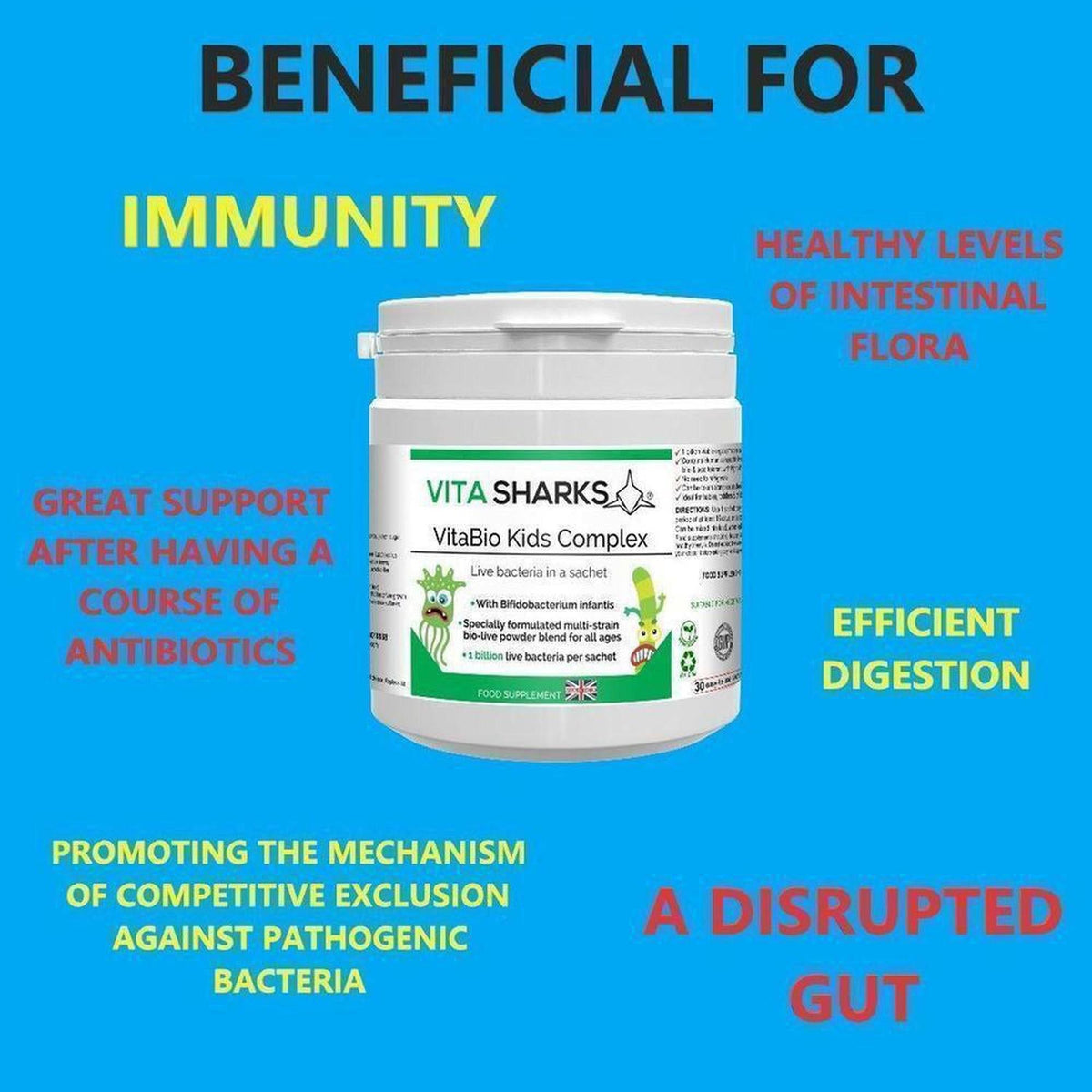 White VitaBio Kids Complex supplement jar with a green label, surrounded by health benefit text on a blue background.