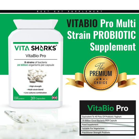 White VitaBio Pro supplement bottle with green label, 30 capsules, and a gold premium choice seal on a green background.