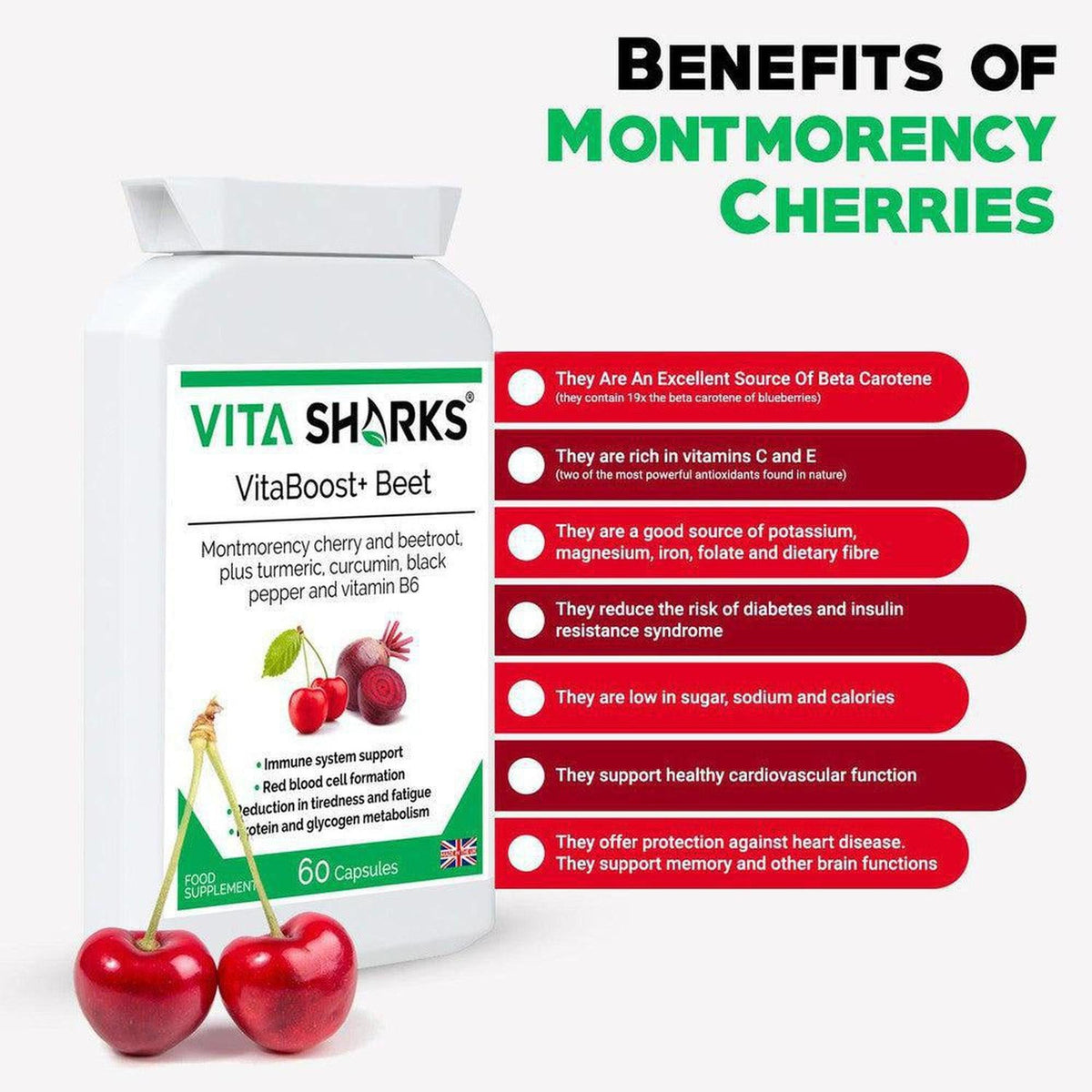 VitaBoost+ Beet supplement bottle with Montmorency cherry and beetroot graphics and a list of health benefits on the right.