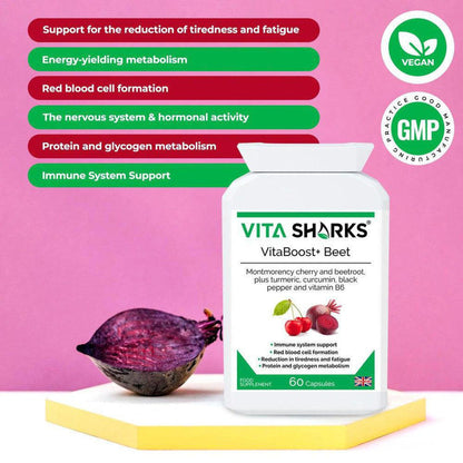 VitaBoost+ Beet supplement bottle with beetroot and cherry graphics, featuring vegan and GMP labels on a pink background.