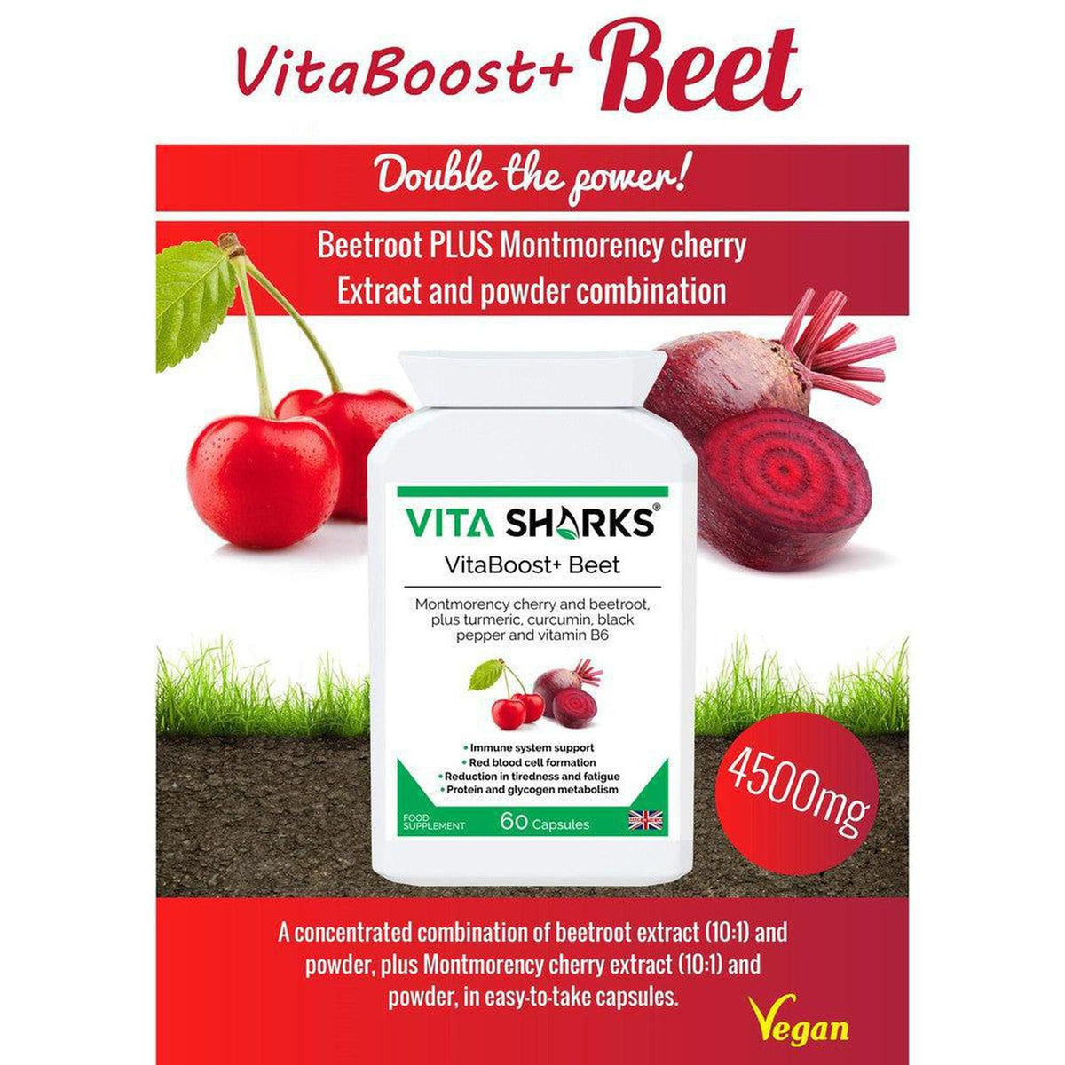 VitaBoost+ Beet supplement bottle with beetroot and cherry imagery on a grass background with 4500mg text overlay.