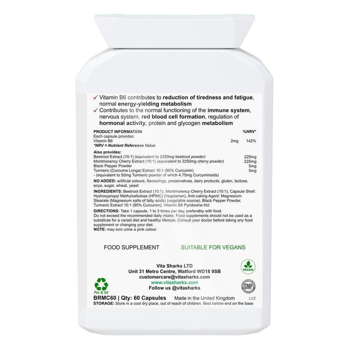 White plastic supplement bottle label with black text detailing ingredients, dosage, and vegan certification symbols.
