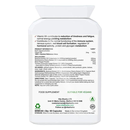 White plastic supplement bottle label with black text detailing ingredients, dosage, and vegan certification symbols.