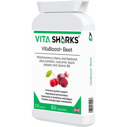 White VitaBoost+ Beet supplement bottle with green label, beetroot and cherry graphics, and 60 capsule count.