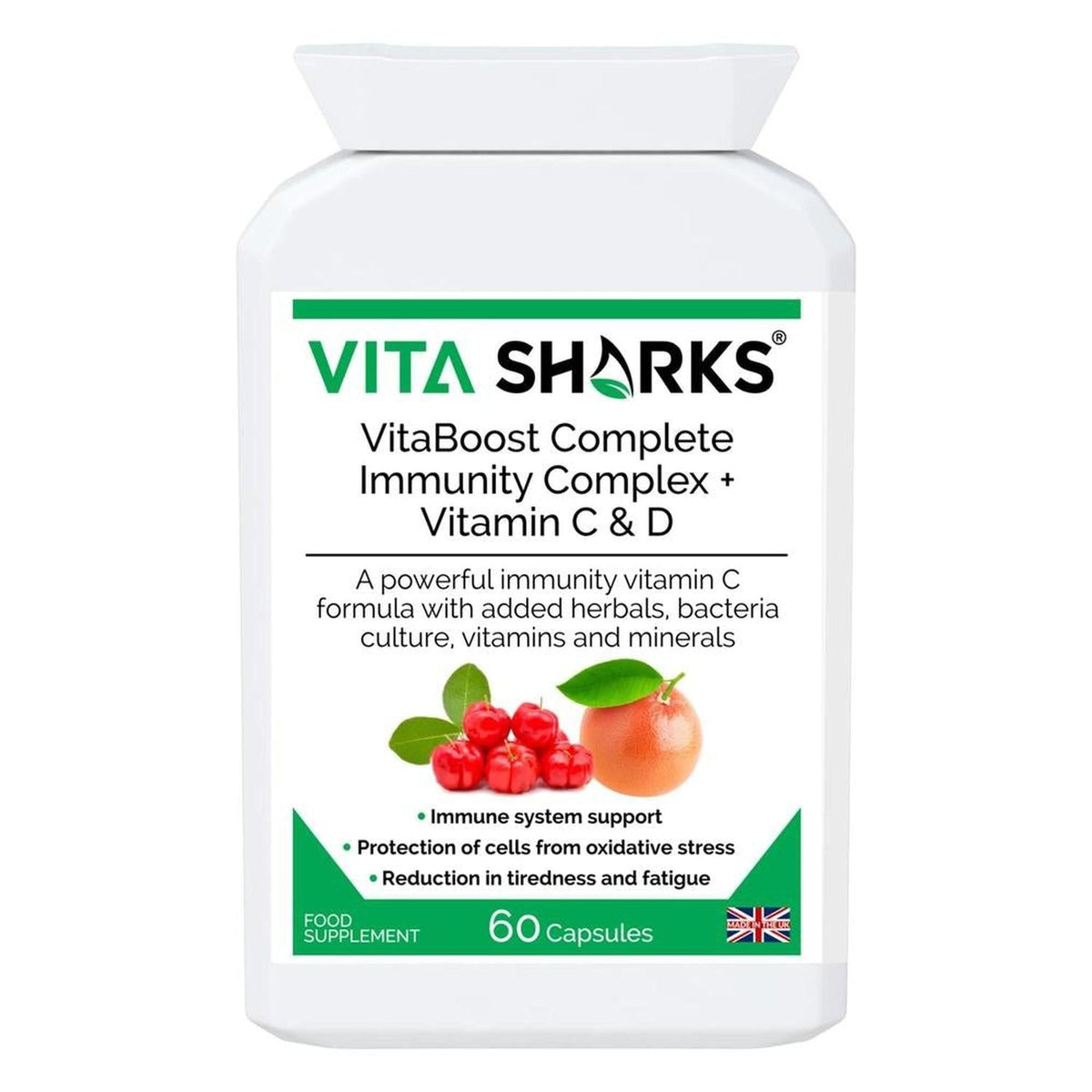White bottle of VitaBoost Immunity Complex with 60 capsules, featuring green text and images of acerola cherries.