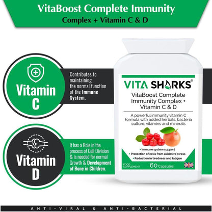 White bottle of VitaBoost Immunity Complex with Vitamin C and D, featuring green branding and fruit graphics.