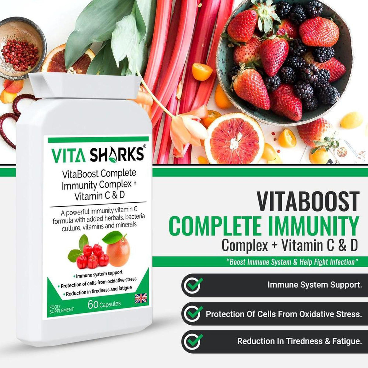 VitaBoost immunity supplement bottle with 60 capsules, surrounded by fresh berries, citrus, and rhubarb on a white surface.