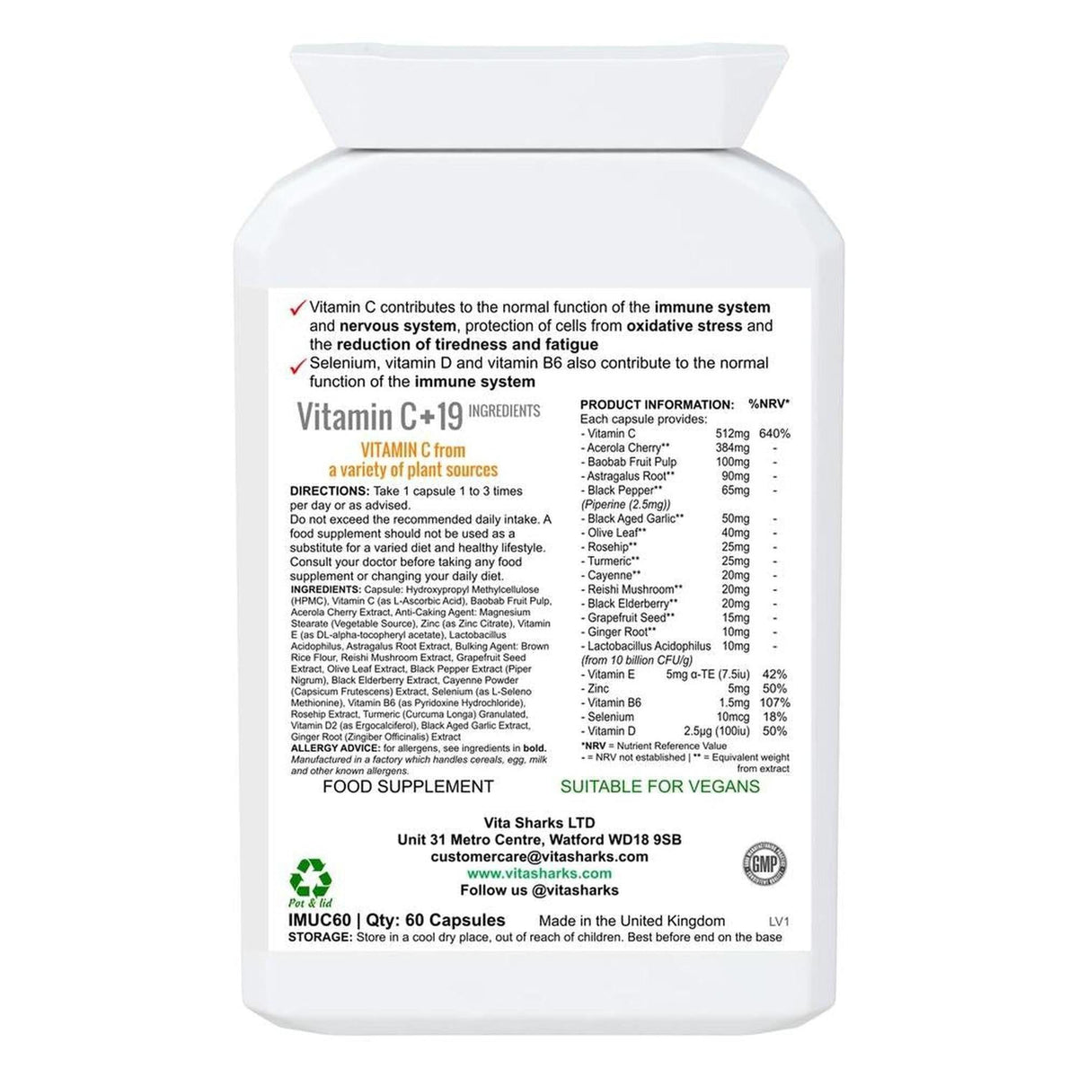 White supplement pouch with black text detailing Vitamin C+19 ingredients, nutritional information, and usage instructions.