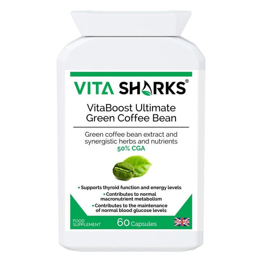 White plastic bottle of VitaBoost Green Coffee Bean supplement with a green leaf graphic and 60 capsules label.